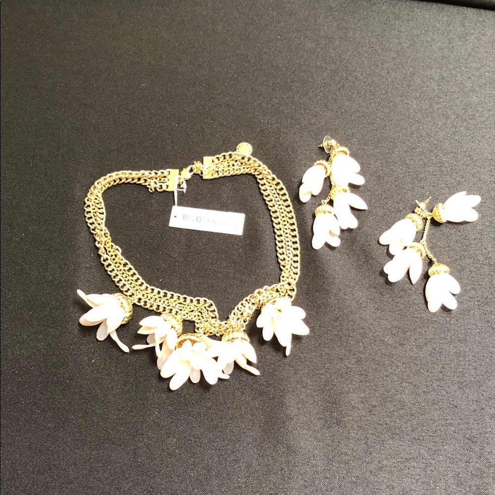 BCBGeneration Gold-tone Necklace and White Floral Drop Earrings Set